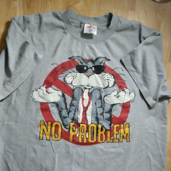 Vintage 80s No Problem Cool Cat Illustration Air Waves T-Shirt - Picture 1 of 9